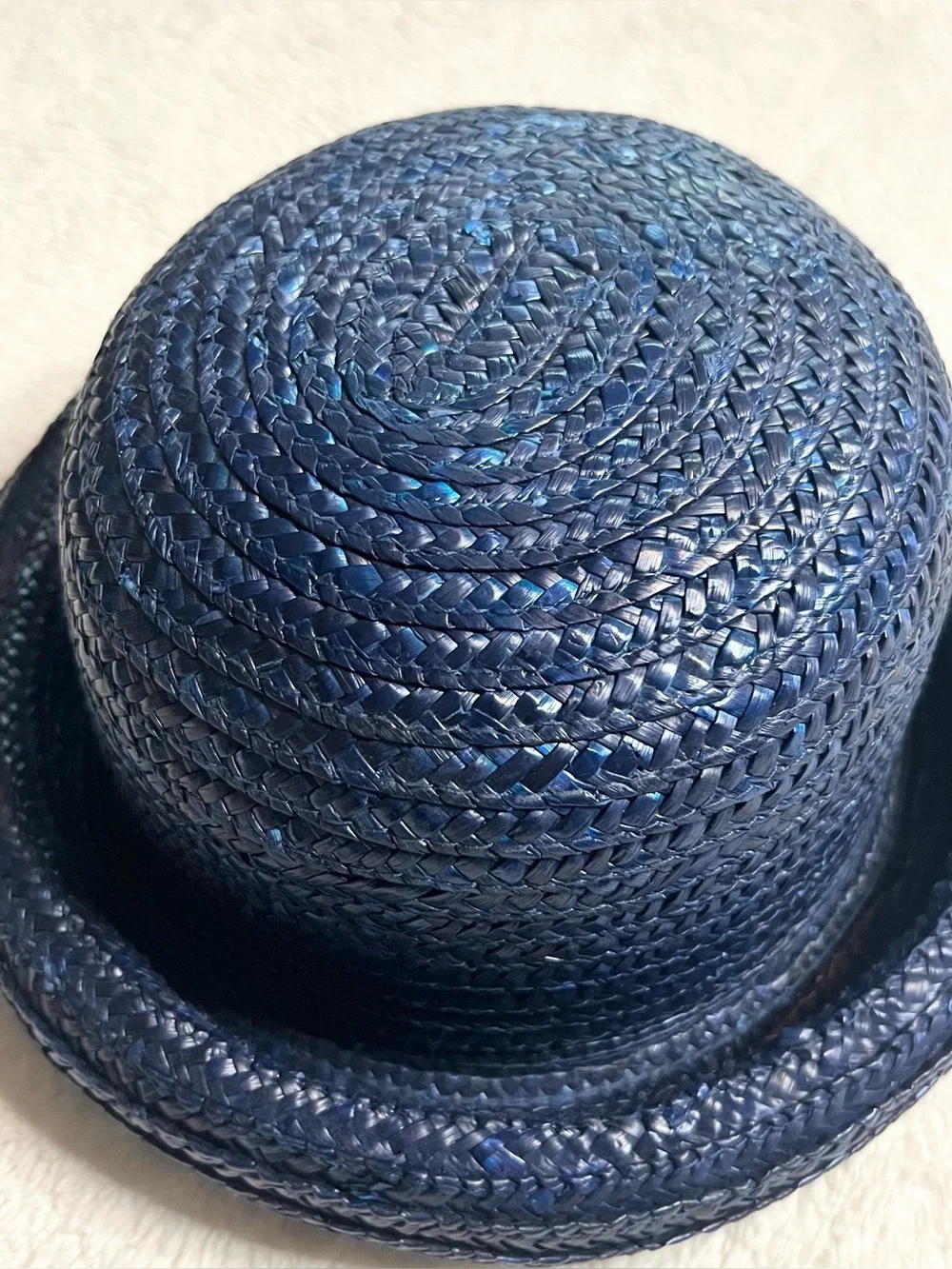Vintage Navy Blue Braided Straw Rolled Brim Bowler Hat